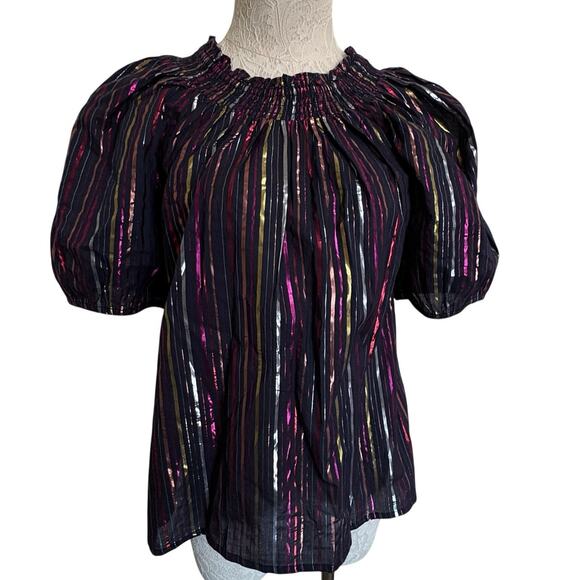 Roller Rabbit Tops - ROLLER RABBIT Navy Sz L Rainbow Lurex Ainsley Multicolor Top puff sleeves